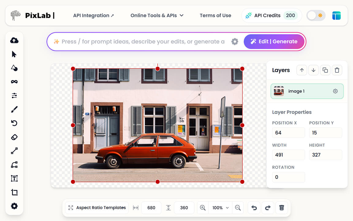 PixLab AI photo editor interface with prompt-based editing controls