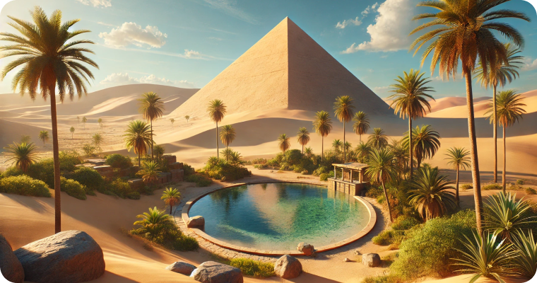 Pyramid in Desert Oasis