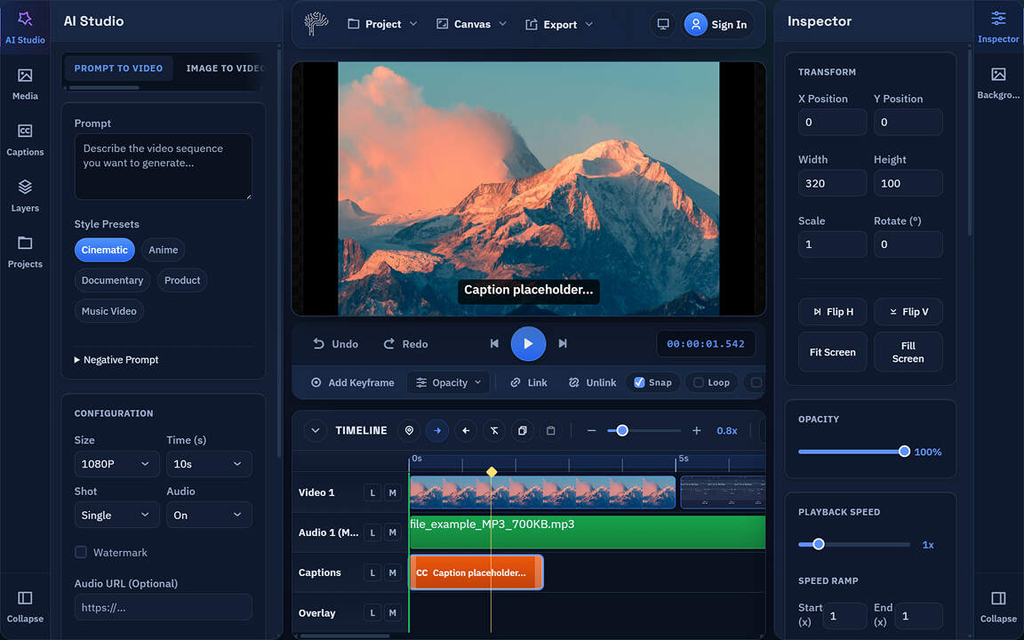 PixLab browser video editor with preview, timeline, captions, and export controls