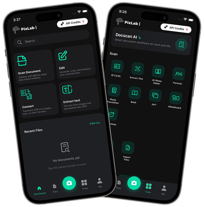 PixLab DOCSCAN mobile app scanning and reading a document on iPhone