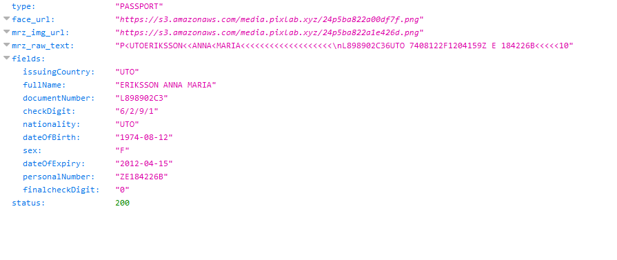 Scanned Passports MRZ using /DOCSCAN API endpoint Docscan Passport Scan Output