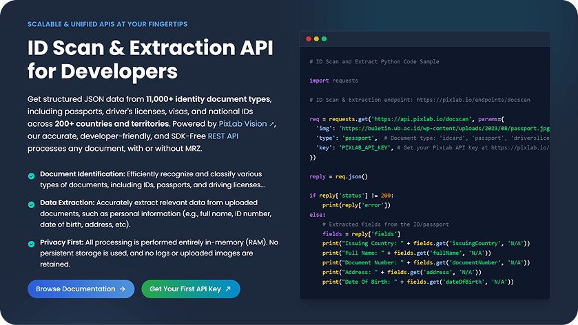 ID Scan platform interface for extracting data from identification documents