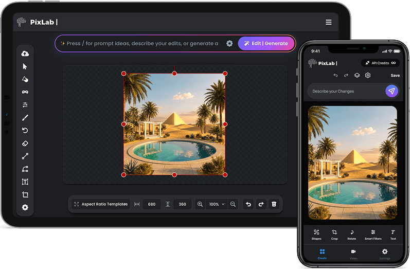 Floating mockup of an iPhone and iPad Pro displayed side-by-side, both showing the PixLab AI Photo Editor interface with a portrait of a woman being edited, set against a soft purple studio background.