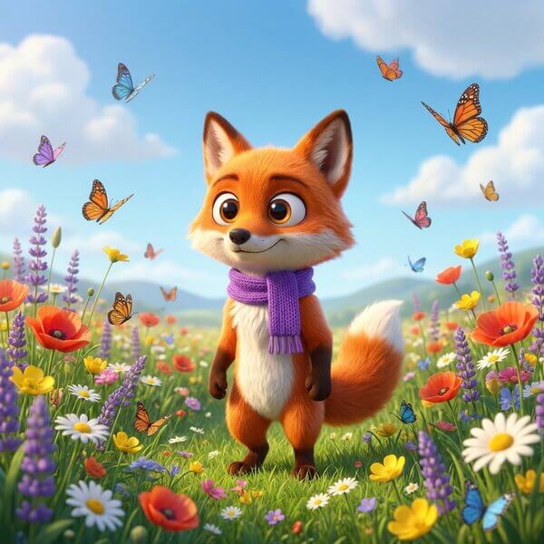 Cute cartoon fox character standing in sunny meadow filled with colorful wildflowers and butterflies under blue sky