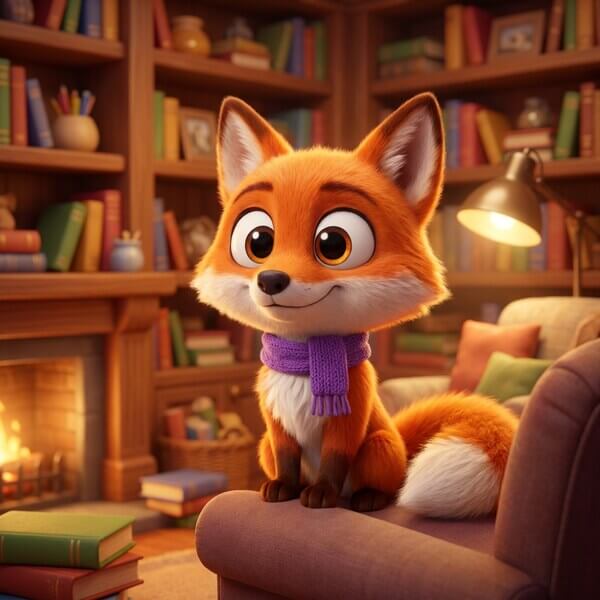 Same cartoon fox character with orange fur, white chest, and purple scarf sitting in cozy library surrounded by wooden bookshelves