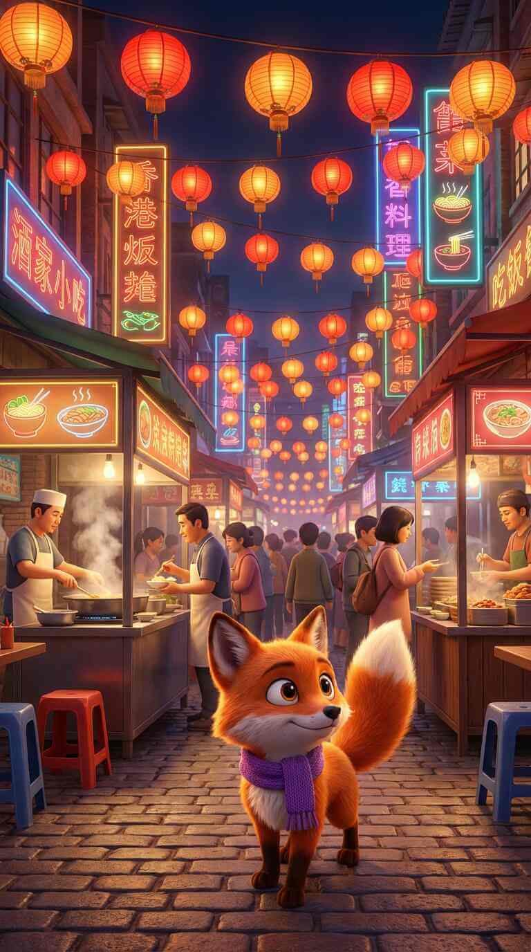 Same cartoon fox character exploring vibrant night market with glowing paper lanterns and colorful neon signs