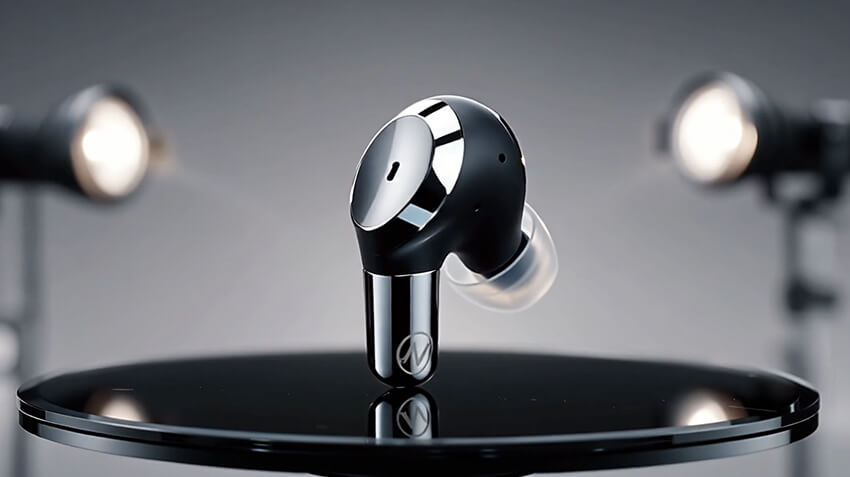 Premium black wireless earbud rotating on glossy platform with professional studio lighting and reflections