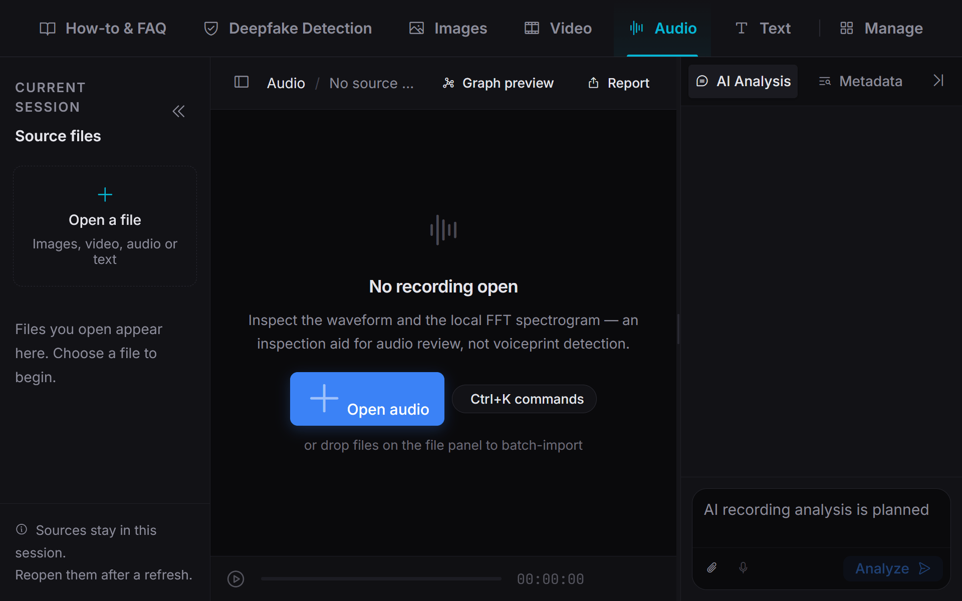 PixLab Forensic Audio workspace with local playback, waveform and spectrogram analysis areas, metadata, and reporting controls