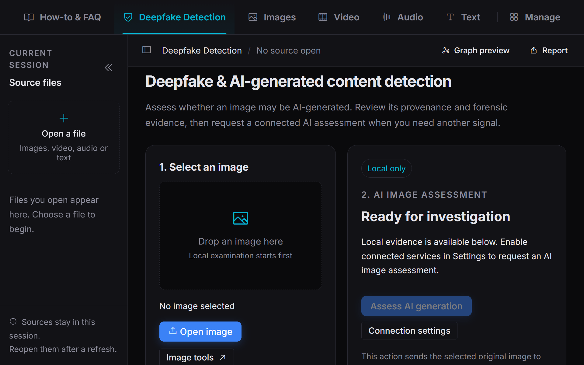 PixLab Forensic Deepfake Detection workspace for selecting an image, reviewing local evidence, and requesting connected AI assessment
