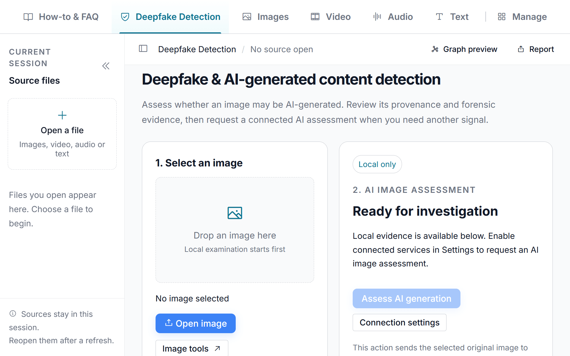 PixLab Forensic Deepfake Detection workspace for selecting an image, reviewing local evidence, and requesting connected AI assessment