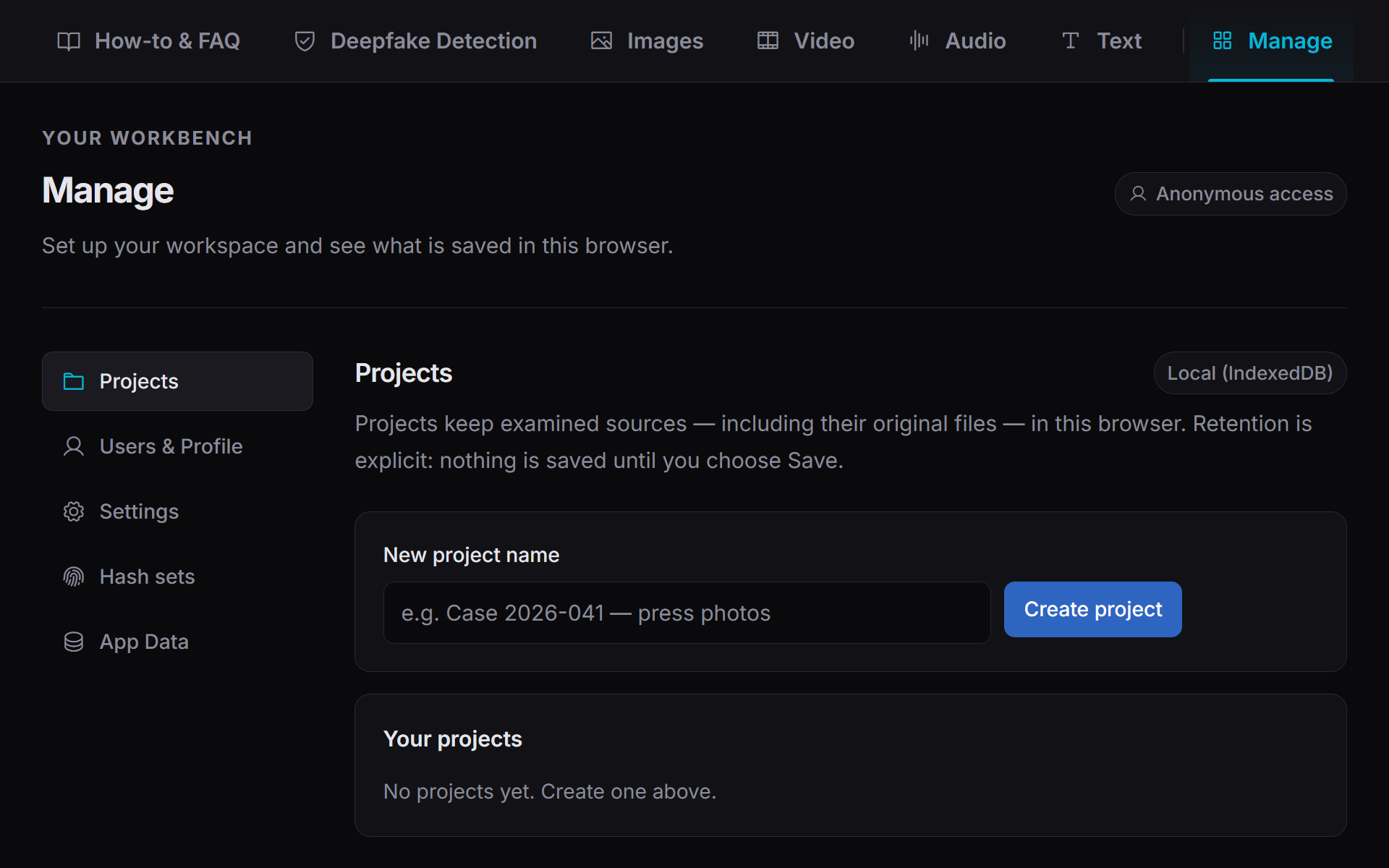 PixLab Forensic Manage workspace with local project creation, profiles, settings, hash sets, and app data controls