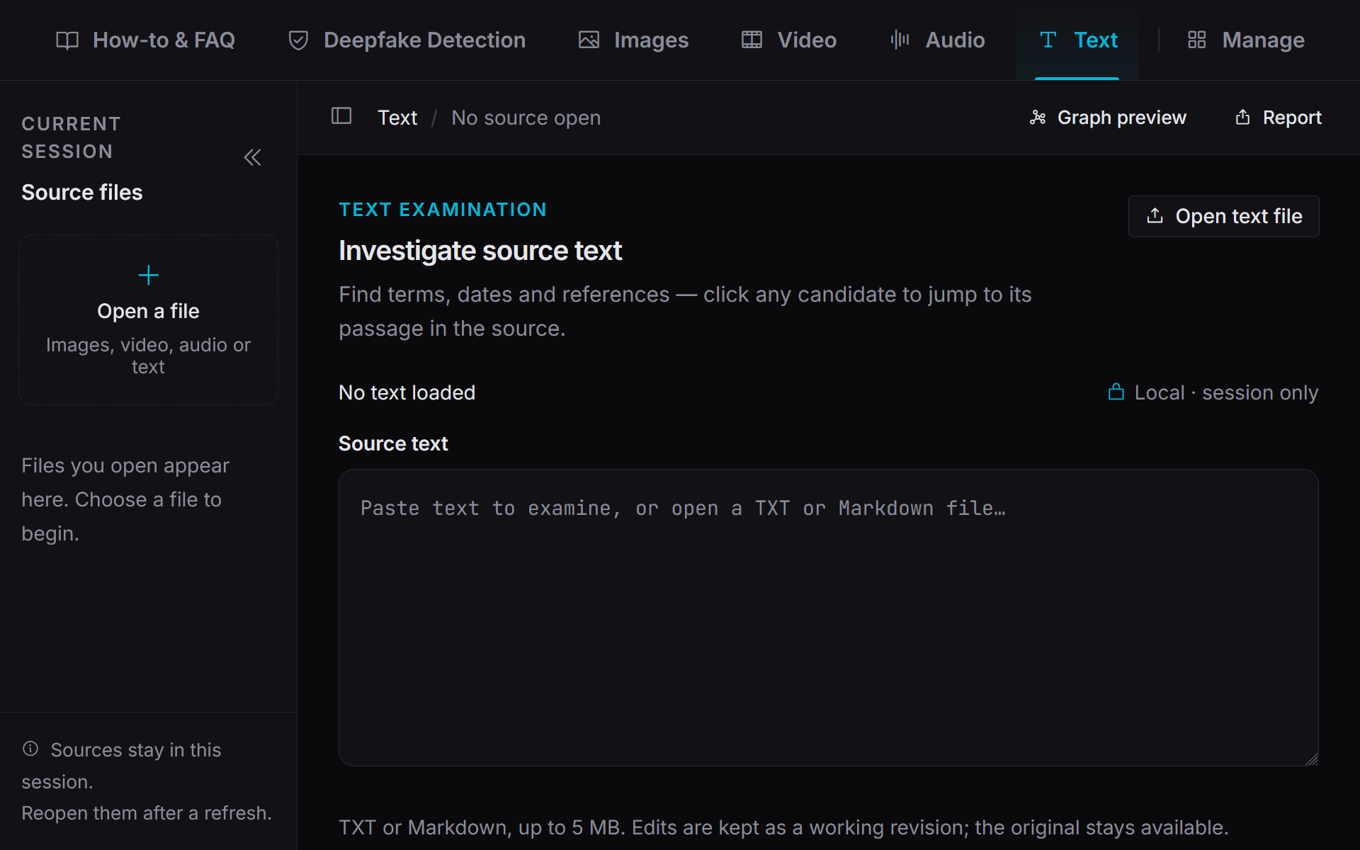 PixLab Forensic Text workspace for importing source text, searching terms, extracting references, previewing graphs, and creating reports