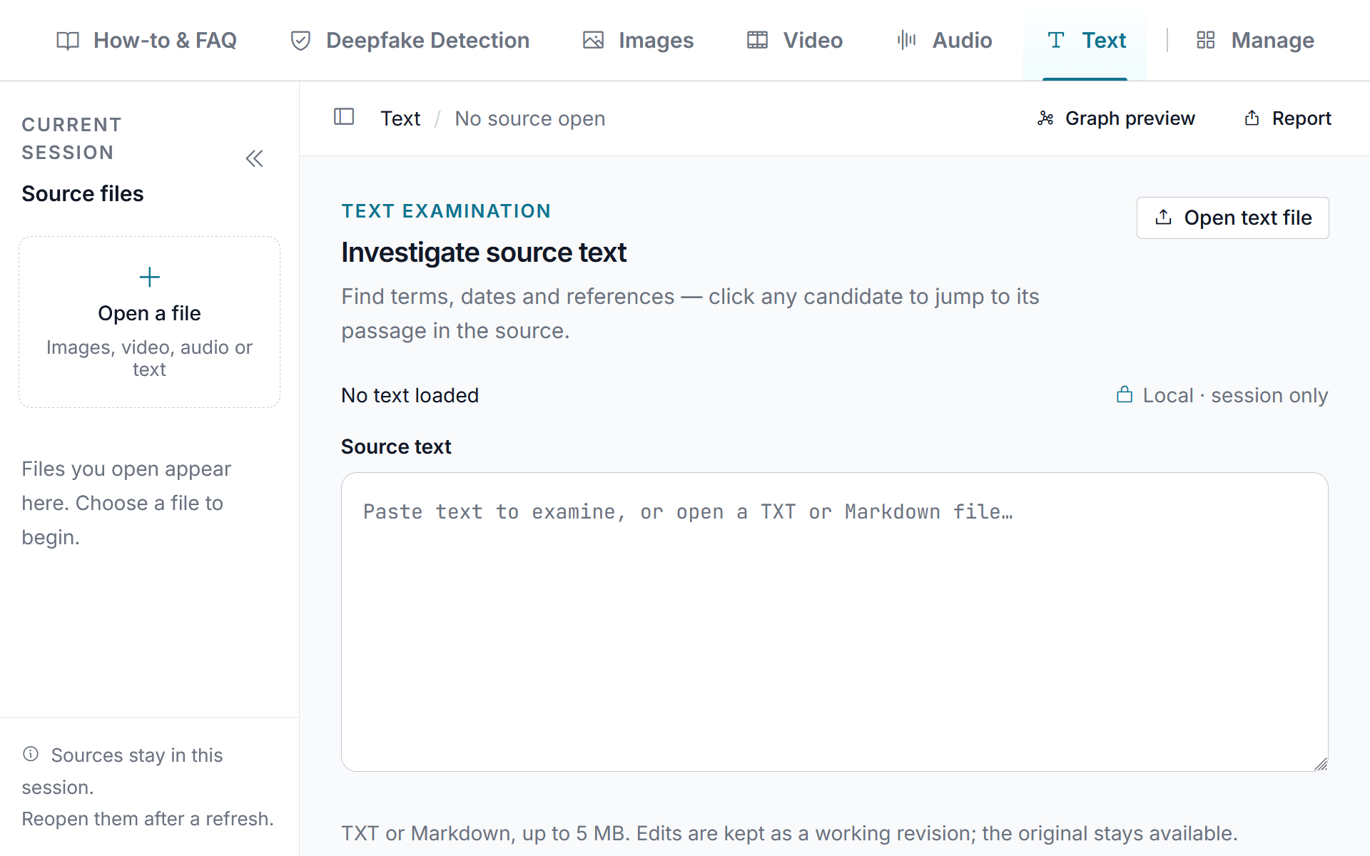 PixLab Forensic Text workspace for importing source text, searching terms, extracting references, previewing graphs, and creating reports