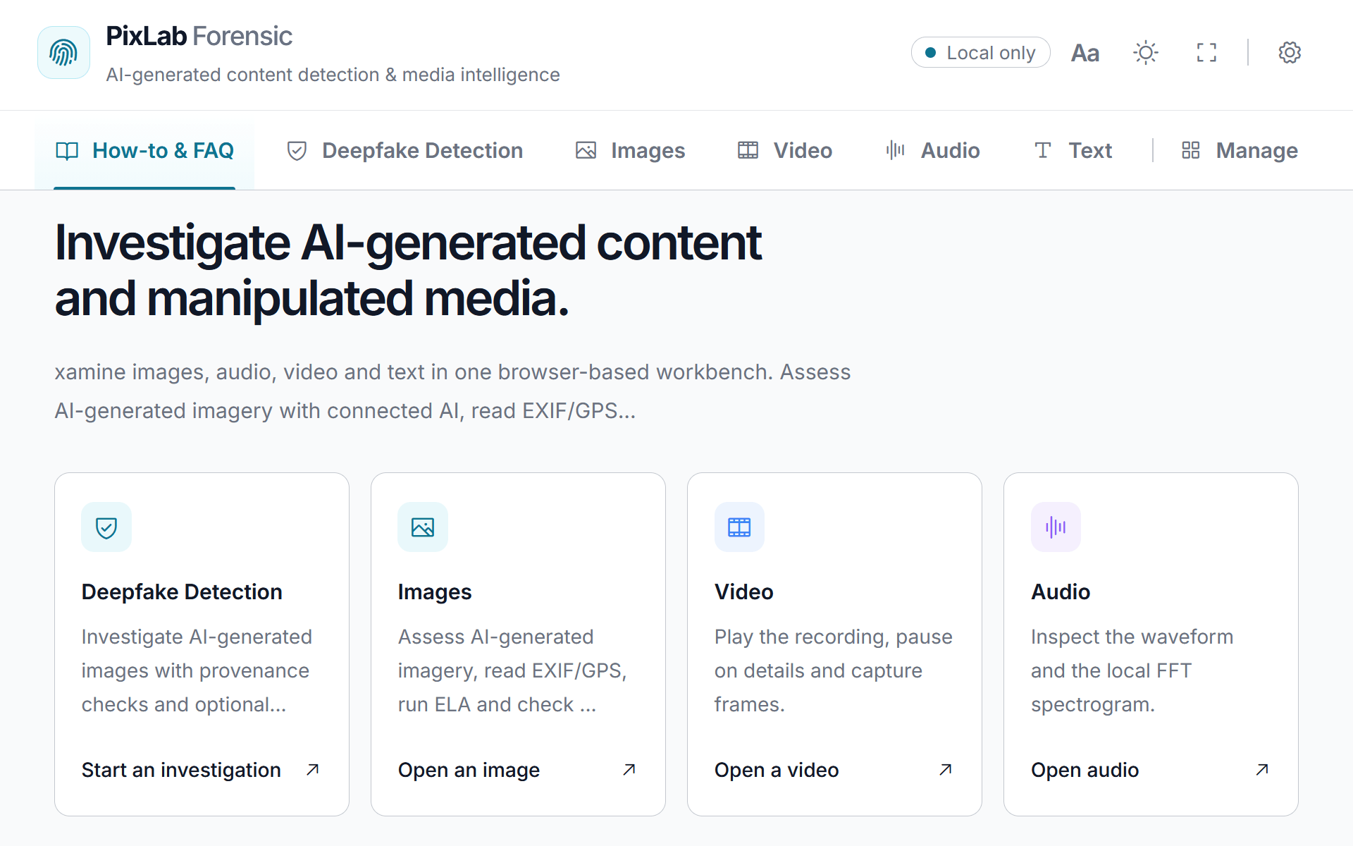 PixLab Forensic workbench overview with Deepfake Detection, Images, Video, Audio, Text, and Manage tools
