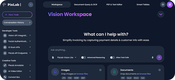 Vision document intelligence workspace with OCR and data extraction