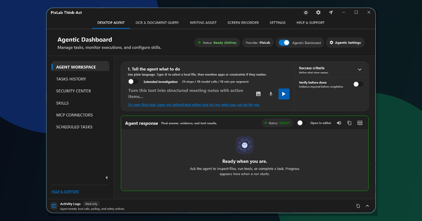 Think-Act desktop agent workspace for controlled workflow automation