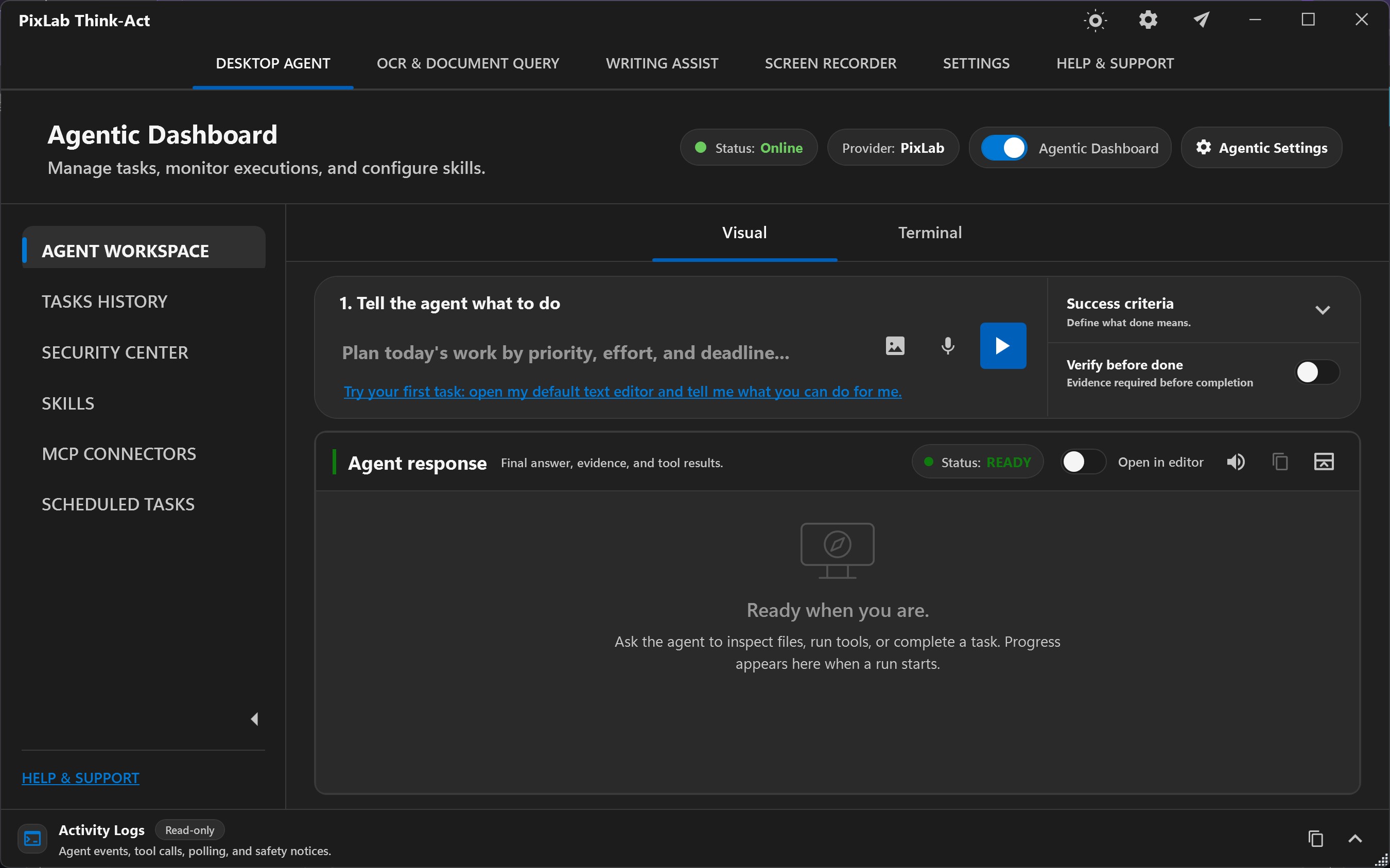 Think-Act Agentic Dashboard with a task prompt, success criteria, and response workspace