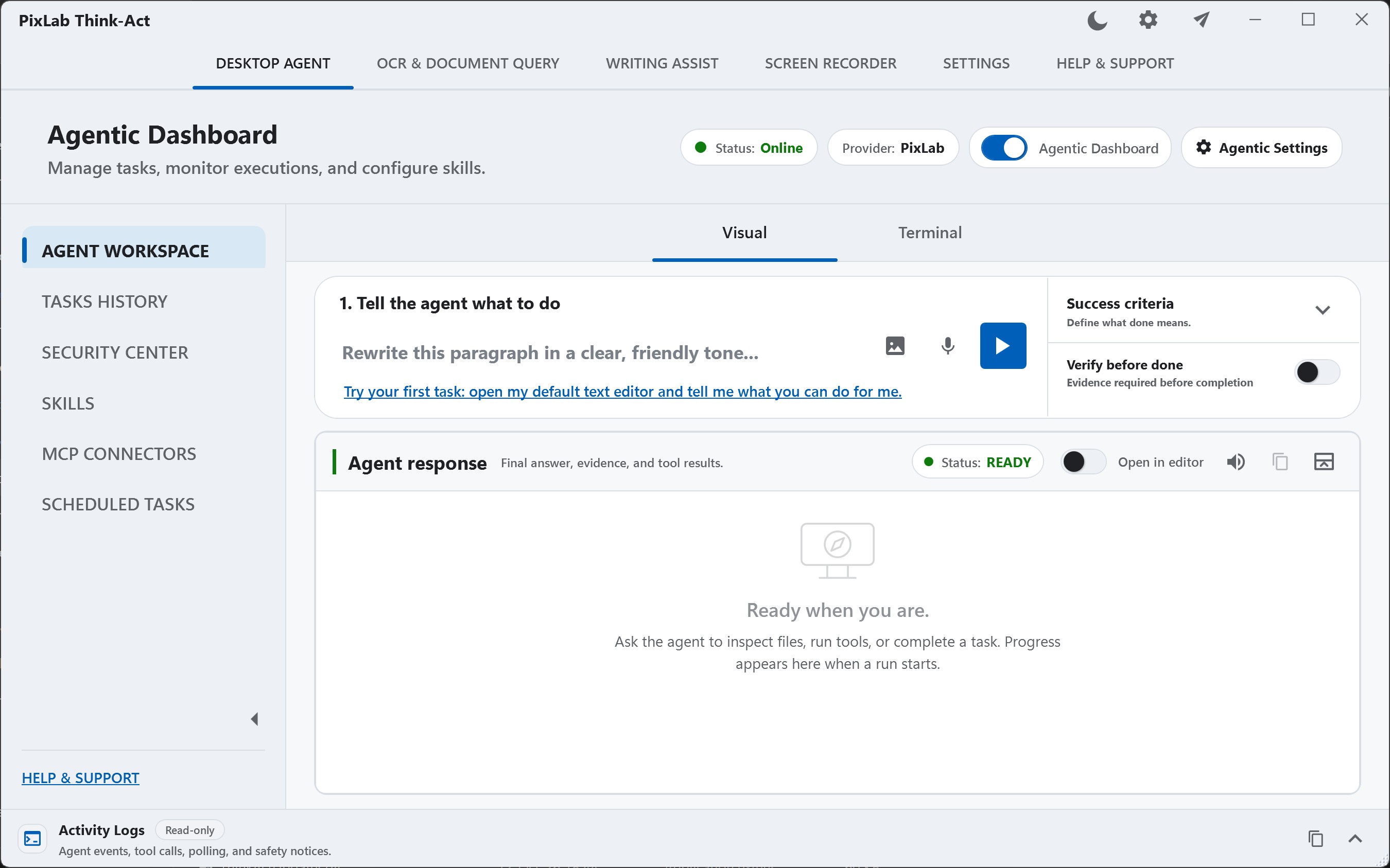 Think-Act Agentic Dashboard with a task prompt, success criteria, and response workspace
