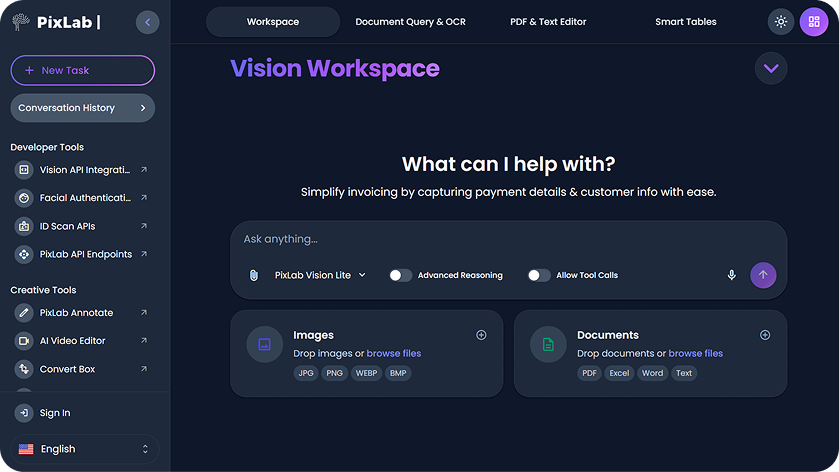 Vision Platform interface demonstrating document intelligence and AI analysis