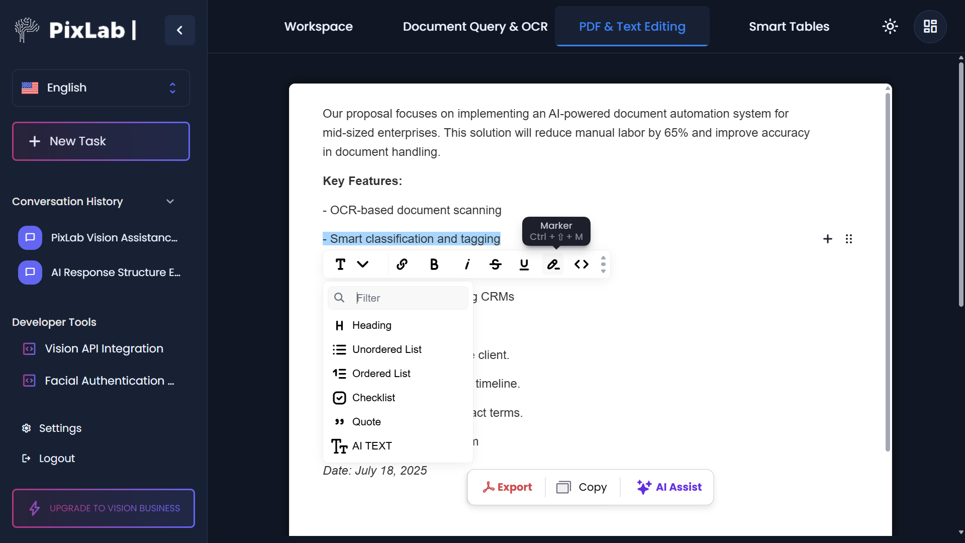 Team collaboration dashboard showing real-time editing and AI-powered document analysis