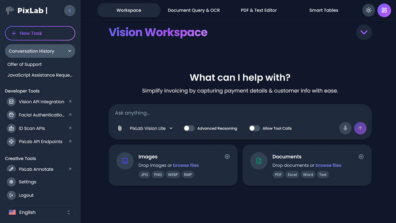 PixLab Vision Workspace Interface