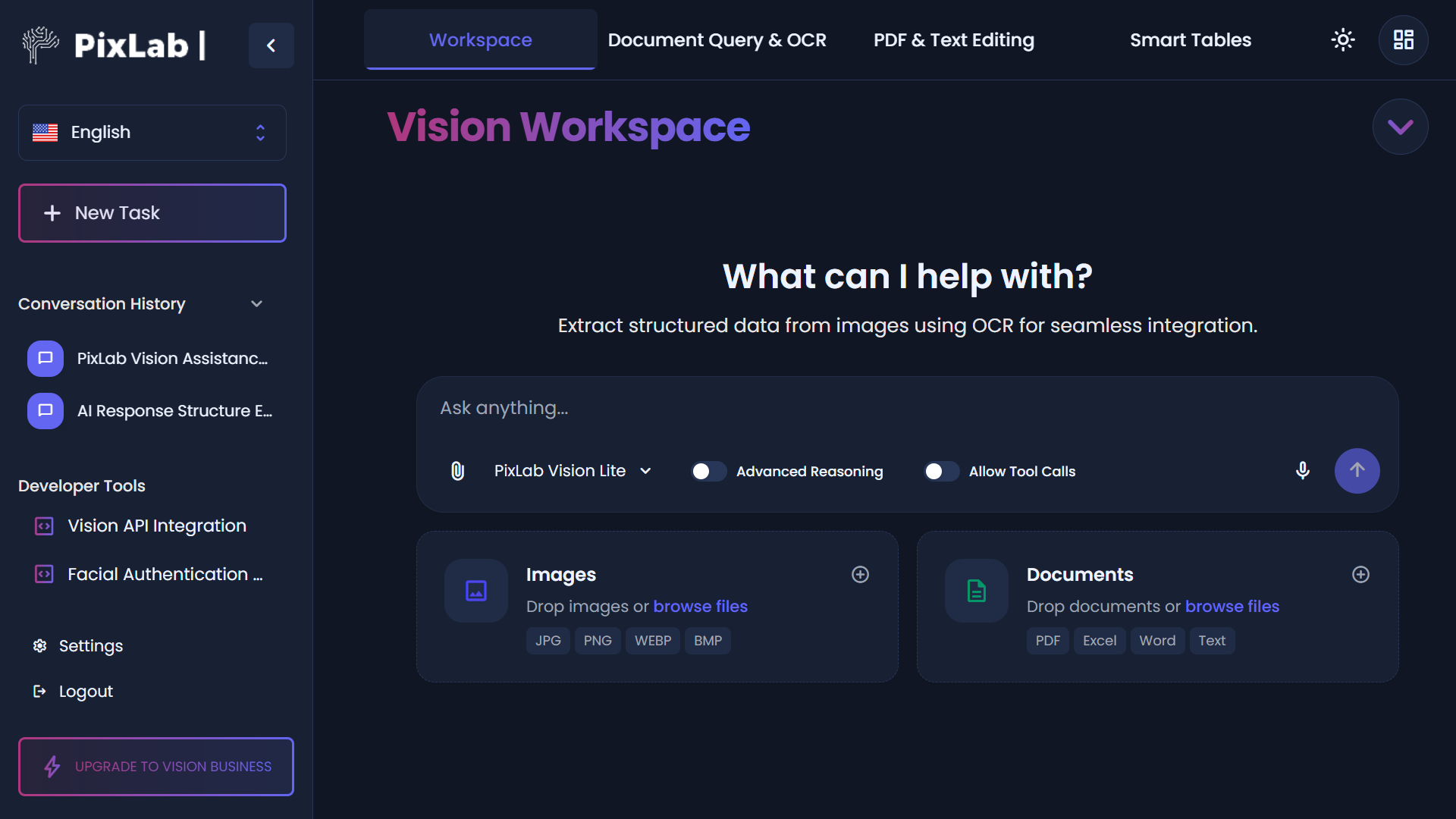 PixLab Vision Workspace Interface