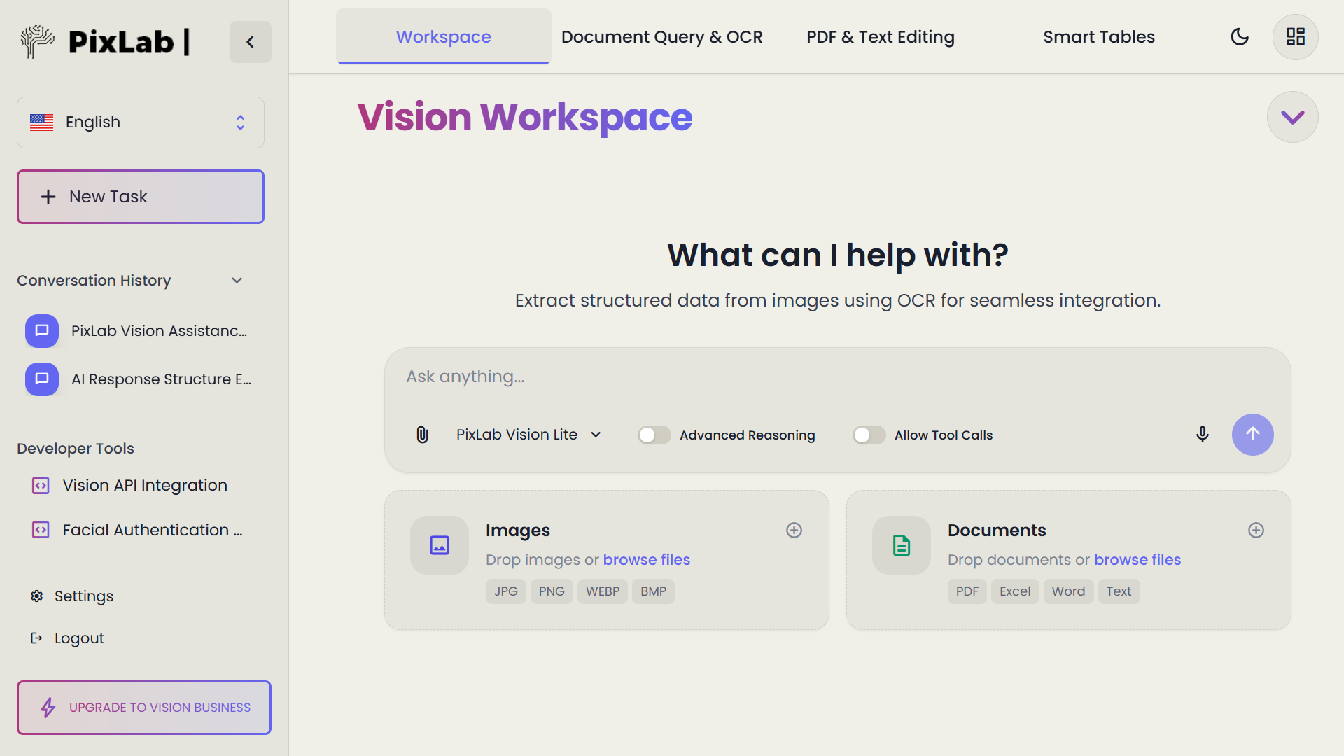PixLab Vision Workspace Interface