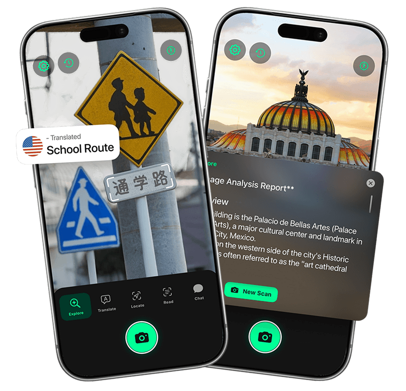 World Lens interface on iPhone showing object recognition, translation, and visual search